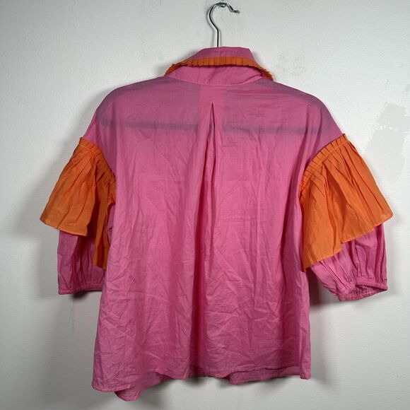 KARLIE RUFFLE Colorblock 1/2 Sleeve Top Pink Orange Blouse Women's Size Large - Picture 6 of 9